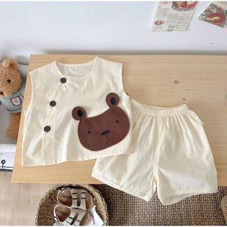 Bộ Trang Phục Bé Không Tay In Hình Gấu Nâu Trắng, Cổ Tròn, Quần Short