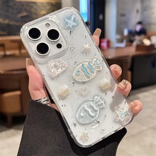 Hoạt Hình Dễ Thương 3D Sao Biển Cá Lấp Lánh Bạc Kim Sa Lấp Lánh Trong Suốt Epoxy Ốp Lưng Điện Thoại iPhone 12 13 14 15 16 Promax Plus 11 Chống Sốc Nữ Điện Thoại Di Động