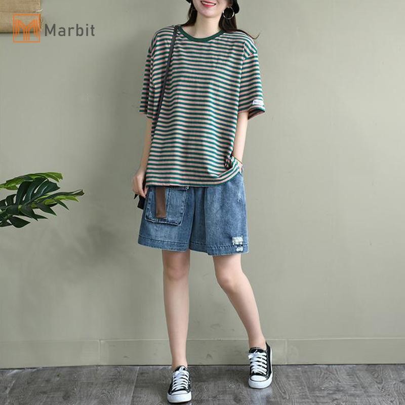 Marbit Nữ Thời Trang Mùa Hè Áo Thun Nữ Tay Ngắn Cổ Tròn Phong Cách Hàn Quốc Sọc Rời Tee Mới