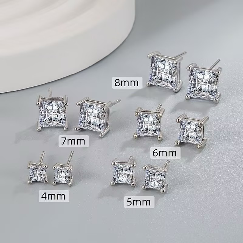 Thời Trang S925 Bạc Vuông Zircon Bông Tai Nam Đơn Giản Phù Hợp Với Tai Xuyên