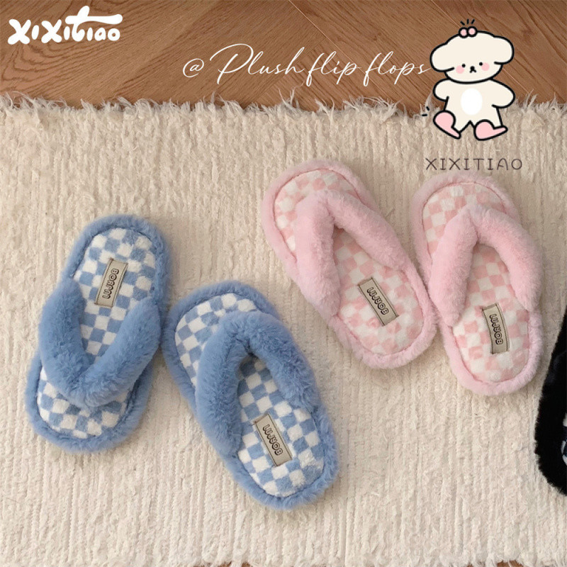 Xixitiao Thu Đông Sáng Tạo Phong Cách Mới Influencer Checkerboard Thời Trang Đế Mềm Giày Cotton Nữ Nhà Ngoài Trời Mặc ins Sang Trọng Flip-Flops