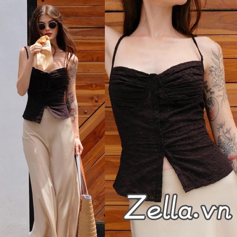 Phụ Nữ Spaghetti Dây Camisole Không Tay Ruched Rỗng Móc Hoa Nút Mỏng Xe Tăng Áo