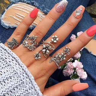 [Gou] 4 Cái / bộ Cổ Màu Bạc Vintage Bohemia Bộ Nhẫn Hoa Hồng VN