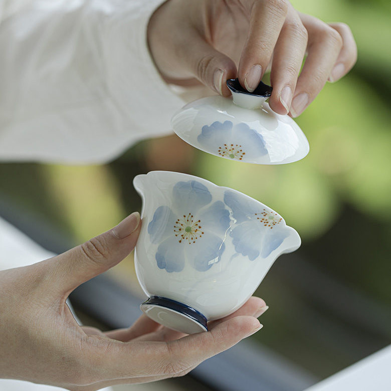 ✨Bộ trà Begonia Flower Gaiwan Kung Fu vẽ tay nguyên chất & Bát trà sứ trắng cao cấp tinh tế & Bộ trà Trung Quốc & Cốc trà