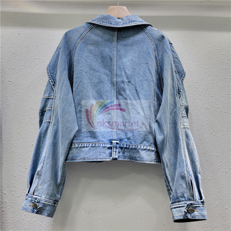 Áo khoác Denim mới đẹp trai Dụng cụ ba chiều Thiết kế bỏ túi Áo khoác Denim ngắn