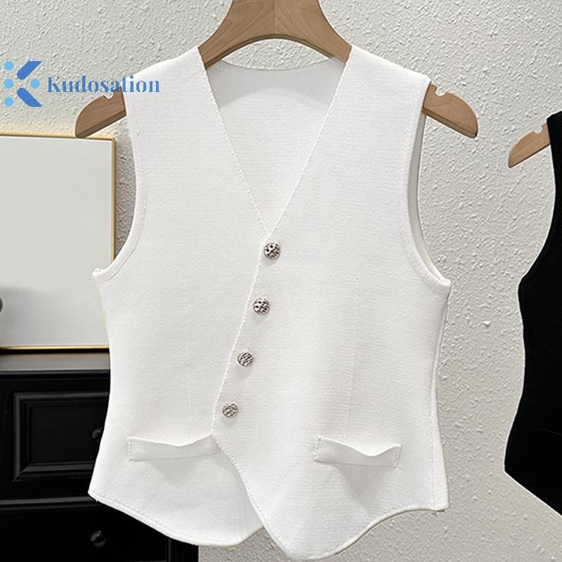 Kudosation Pháp Retro Cổ Chữ V Cổ Đơn Không Đều Không Tay Mỏng Dệt Kim Áo Vest Nữ Đẹp