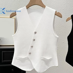 Kudosation Pháp Retro Cổ Chữ V Cổ Đơn Không Đều Không Tay Mỏng Dệt Kim Áo Vest Nữ Đẹp