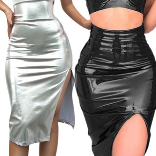 Vipdeal1 Kim Loại Giả Da Co Giãn Váy Midi Có Bên Chia Cho Nữ Thời Trang Thắt Lưng Sáng Bodycon Pencil S