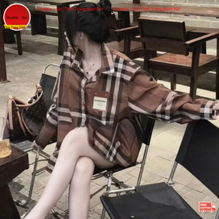 Áo Sơ Mi Kẻ Nâu Nắp Túi Double - Six Somi Nữ Vải Cotton Mềm Mịn Không Nhăn