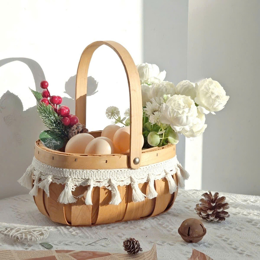 Giỏ Cắm Hoa, Đựng Trái Cây, Giỏ Trứng Đan Thủ Công Decor Có Quai Xách - Giỏ Xách Tay Đựng Quà, Hái Dâu Tây Chụp Ảnh