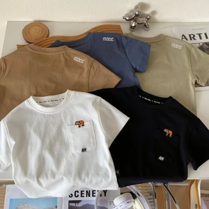 Áo thun ngắn tay thêu cotton mùa hè cho bé trai, phong cách Nhật Bản, áo rộng rãi cho trẻ em, áo thường ngày cho bé trai