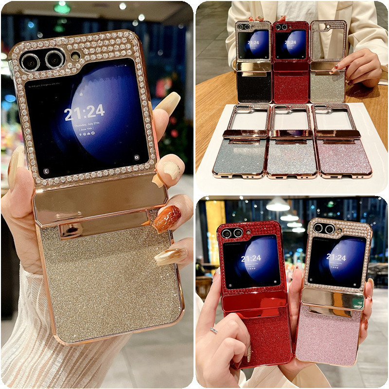 Ốp điện thoại giá đỡ kim cương mạ điện kim cương sang trọng cho Samsung Galaxy Z Flip 6 Z Flip 5 Z Flip 4 Z Flip 3 bản lề Full Ring Holder Casing