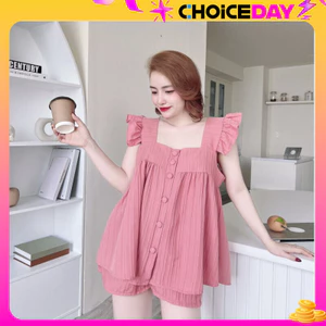 Bộ đồ ngủ đùi cổ vuông tay cánh tiên nút bọc chất đũi gân cao cấp mềm mát quần đùi áo bèo .