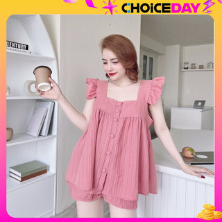 (40-55kg)Bộ đồ ngủ đùi cổ vuông tay cánh tiên nút bọc chất đũi gân cao cấp mềm mát quần đùi áo bèo .