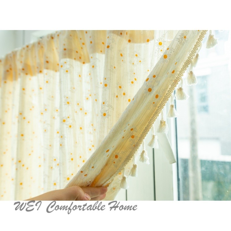Rèm cotton hoa cúc tua rua kiểu Nhật cho cửa sổ bếp, ngắn, trang trí cửa cà phê