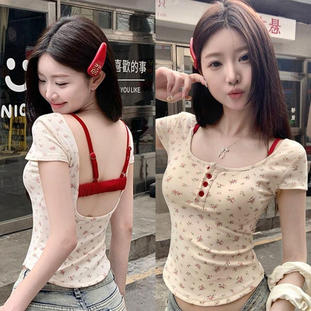 Áo thun nữ HOBBYIN màu sắc tương phản hoa, thiết kế tay ngắn và nút có đệm ngực