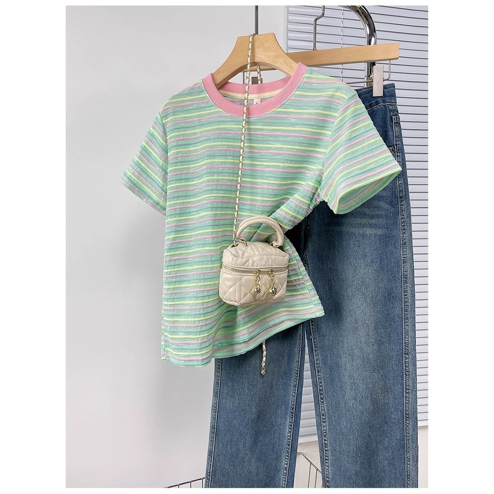 SUXI Áo thun ngắn tay cổ tròn sọc cổ tròn Cotton mới mùa hè 240624