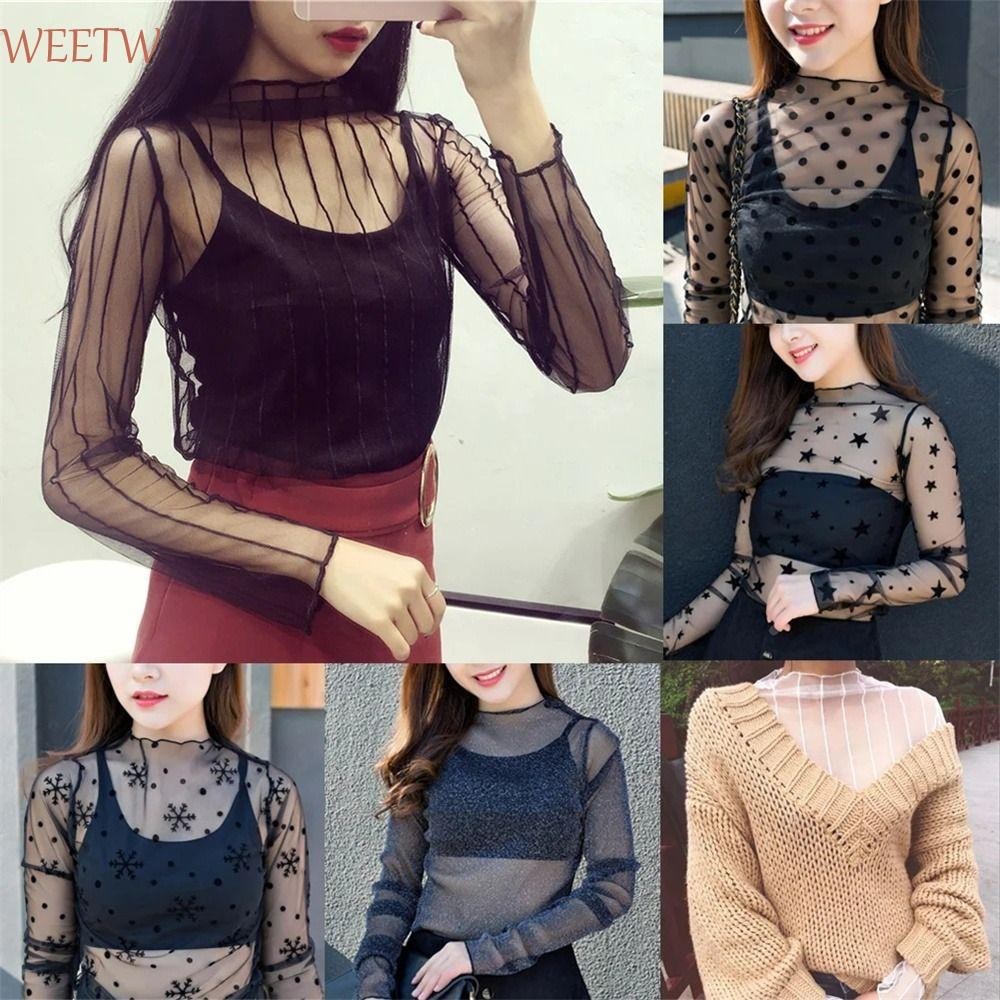 Áo ren WEETW, Áo lưới dài tay xuyên thấu, Lưới thời trang Fishnet Hoa cổ cao trong suốt Áo thun nữ bé gái