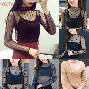 Áo ren WEETW, Áo lưới dài tay xuyên thấu, Lưới thời trang Fishnet Hoa cổ cao trong suốt Áo thun nữ bé gái