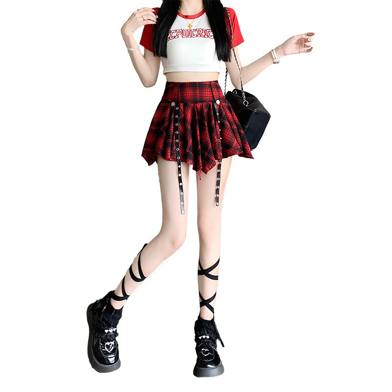 Suxi Retro Checkered Mùa Hè Mới Thường Ngày Ngọt Ngào Cao Cấp Nữ Váy Ngắn Chữ A Không Đều 240701