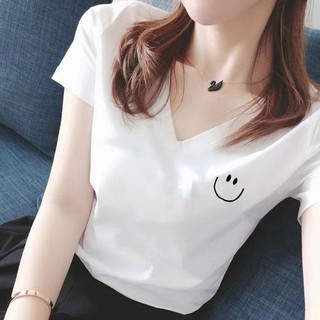 Áo thun ngắn tay màu trắng nữ 2025 Áo thun đeo vai nửa tay cổ chữ V cao cấp mùa hè dáng rộng cỡ lớn hàng đầu