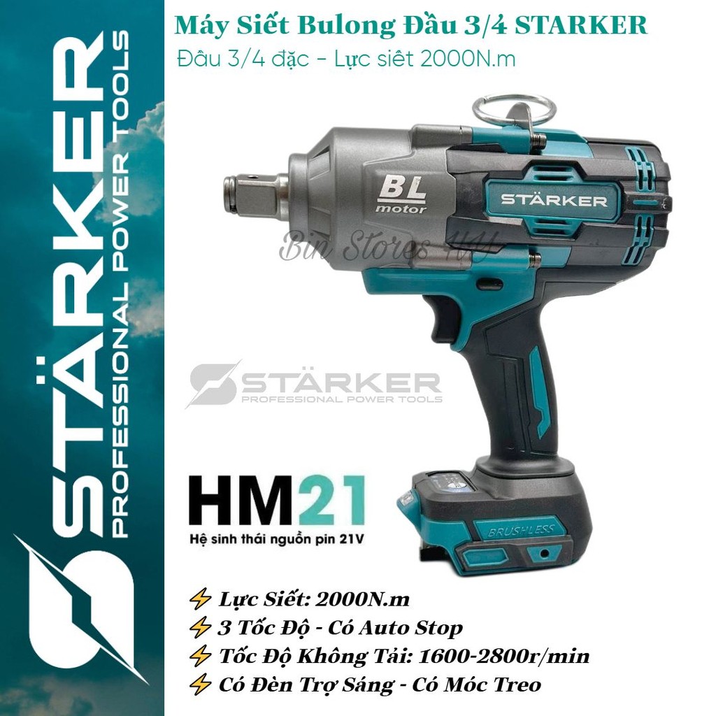 Máy Siết Bulong Pin STARKER 2000N.m, Đầu 3/4 đặc - Lực Siết 2000n.m - Mở Vặn Ốc Xe Tải