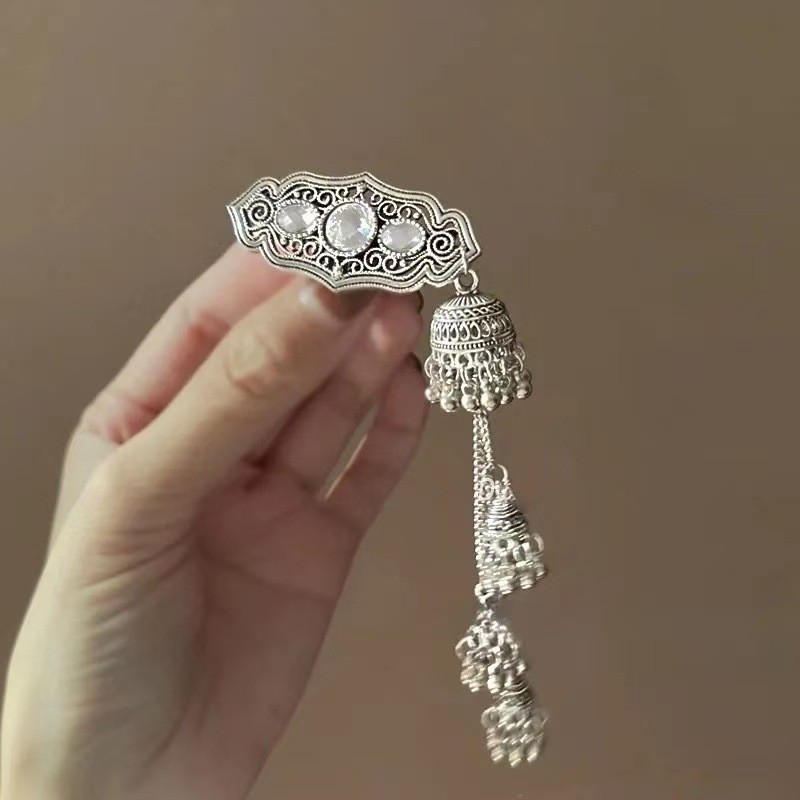 Mauropoli [Sẵn Sàng] Kẹp Tóc Tây Tạng Phong Cách Trung Hoa Mới Bạc Bên Tai Tua Rua Kẹp Tóc Chuông Nữ Niche Mông Cổ Kẹp Tóc Cô Dâu Trang Điểm Mũ Đội Đầu