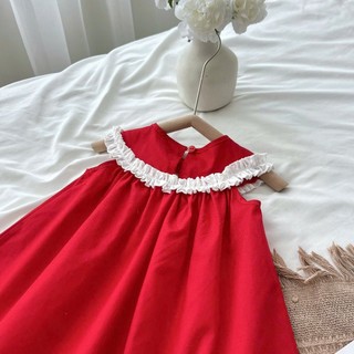 Váy Đỏ Thêu Hoa Phối Bèo Trắng Nơ Đỏ Chất Thô Cotton Cho Bé 8-26kg
