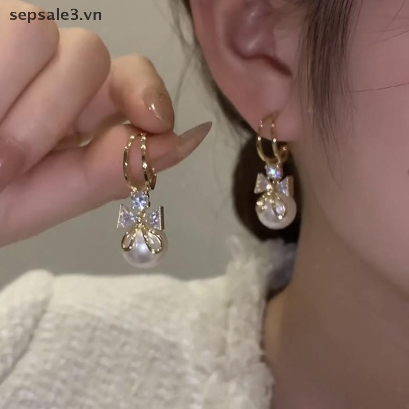 # sepsale # Bông tai ngọc trai đính đá tinh tế dành cho nữ Bông tai trang sức tiệc cưới.