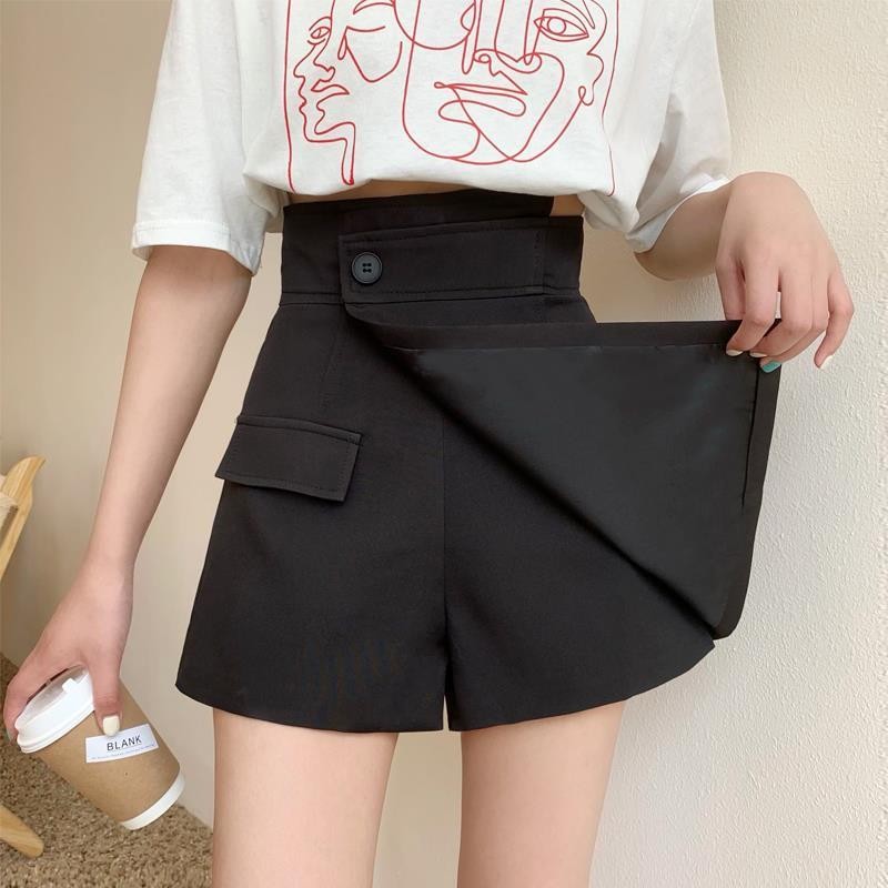 Váy Size Lớn Mùa Hè Eo Cao Chữ A Váy Ôm Hơn Nhìn Không Đều Đen Culottes Váy Ngắn