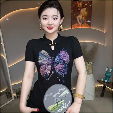 [L-5xl] Áo kiểu Trung Quốc dành cho nữ Áo sơ mi cổ điển Hot Fix Kim cương giả Quần áo cổ điển Áo sơ mi cổ điển Áo sơ mi nữ hợp thời trang cho quần áo nữ