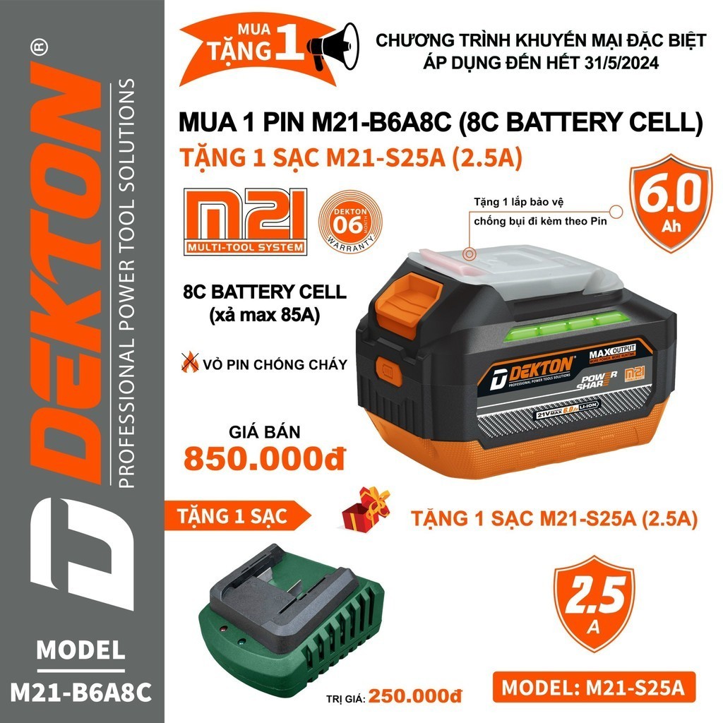 Tặng Sạc - Pin 6Ah Cell Xả 8C DEKTON Chân Pin Phổ Thông Bảo Hành Chính ...