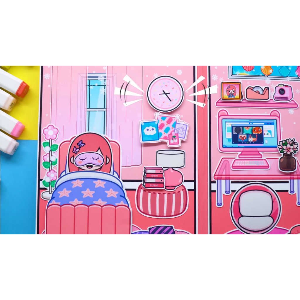 ĐỒ CHƠI NGÔI NHÀ BÚP BÊ GIẤY CẮT THỦ CÔNG DIY - Ngôi nhà của bé Peach Color House In Quiet Book