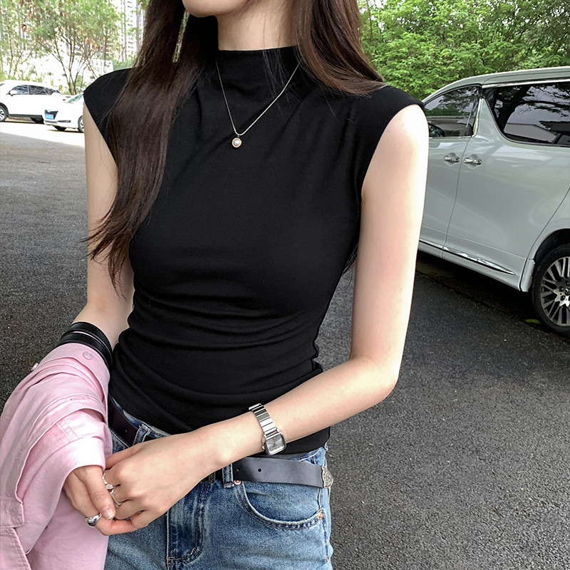 Suxi - Retro Đơn Giản Mùa Hè Mới Cổ Cao Đa Năng Áo Thun Nữ Tay Ngắn Cổ Cao Đa Năng 240504