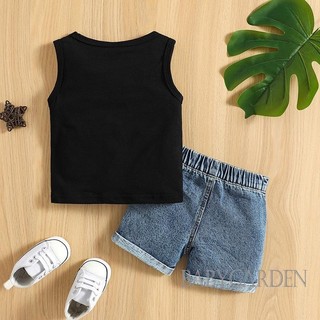 Baga 0-3 Tuổi Bé Trai Bộ 2 Chữ In Hình Tank Áo Có Rách Quần Short Denim Trang Phục Mùa Hè