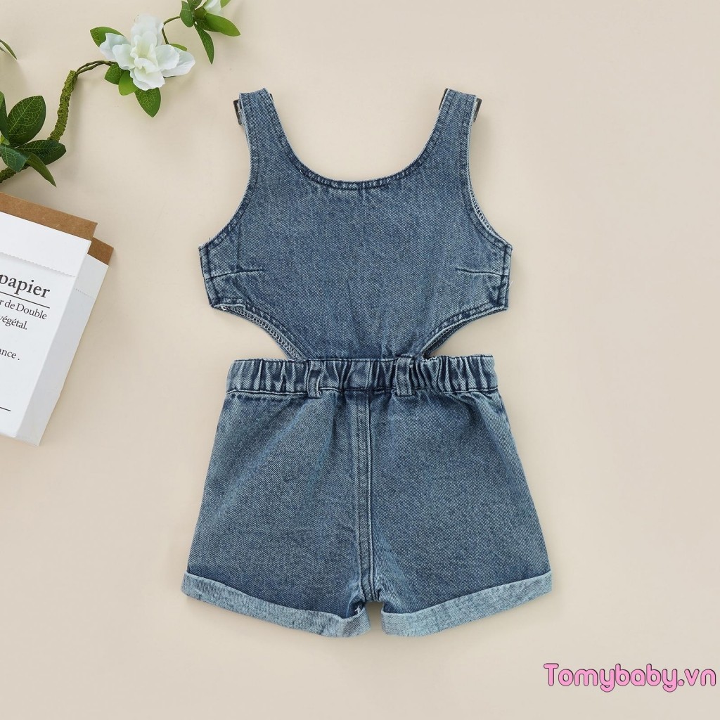 Bộ áo liền quần Denim cho bé gái màu trơn cổ vuông không tay áo liền quần rỗng cho mùa hè