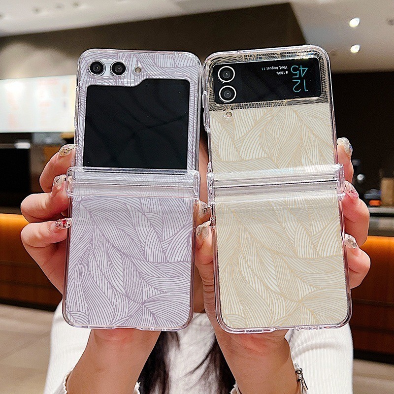 Họa Tiết Lá Trong Suốt Vỏ Điện Thoại Cho Samsung Galaxy Z Flip5 Flip4 Flip3 Full Bản Lề Cứng Trong Suốt Gấp Ốp Lưng Cho Samsung Z Flip 5 4 3