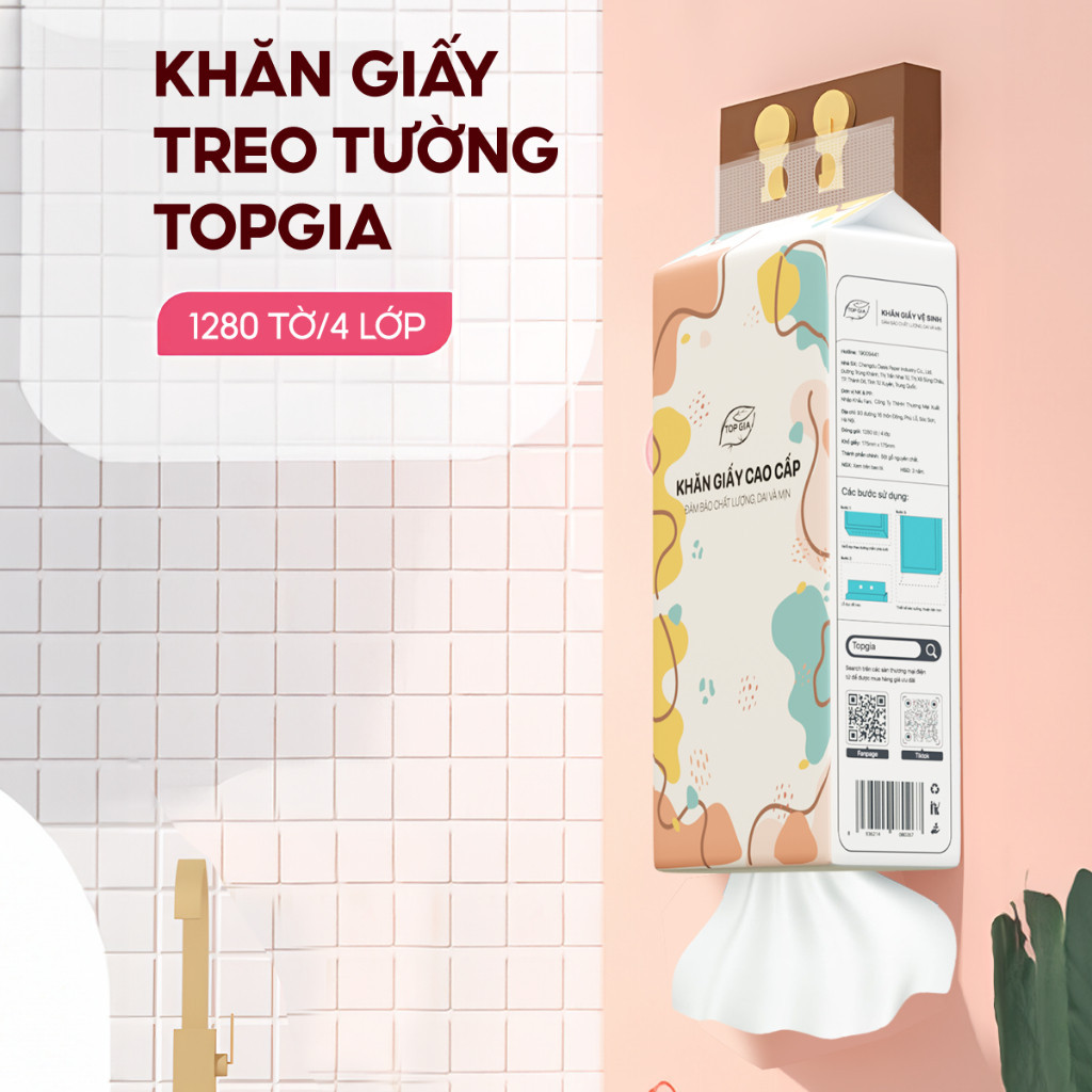 Khăn giấy vệ sinh treo tường TopGia Đa Sắc 6 bịch, khăn giấy treo tường rút 1280 tờ 4 lớp bằng bột gỗ nguyên sinh
