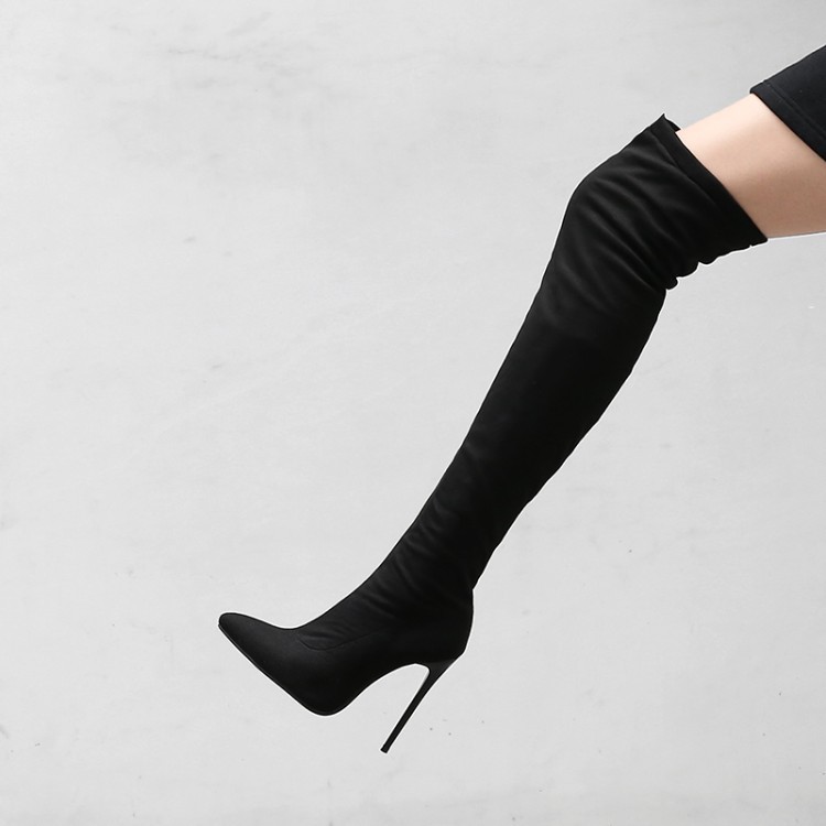 Giày Bốt Nữ Cao Gót 12CM Stiletto, Dây Giày Co Giãn, Đen, Size 34–48, Trên Đầu Gối