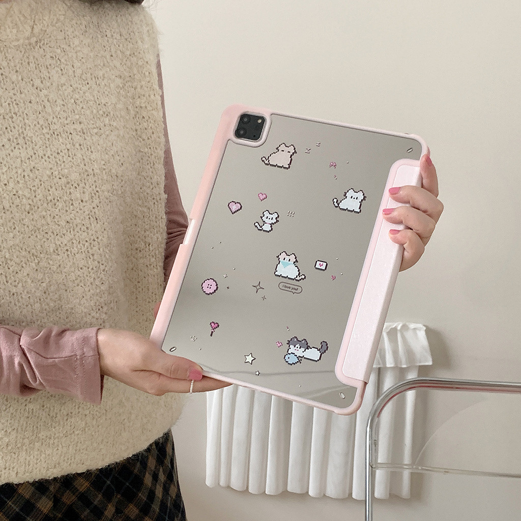 2024 Vỏ Mới Gương Acrylic Cứng Tương Thích Với iPad Air 11 13 2024 Pro 11 13 Mèo Và Cá Họa Tiết Da