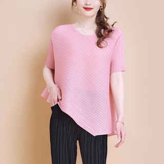 Miyake Phong Cách Xếp Ly Top Nữ Thời Trang Không Đều Rời Ôm Hơn Nhìn Áo Thun Màu Trơn Phù Hợp Xếp Ly Áo Sơ Mi Nhỏ Ngắn