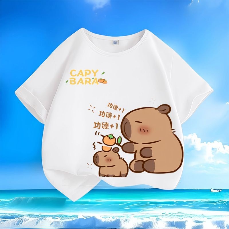 Áo thun trẻ em Capybara 2024 đáng yêu cho mùa hè Áo cổ tròn tay ngắn mới