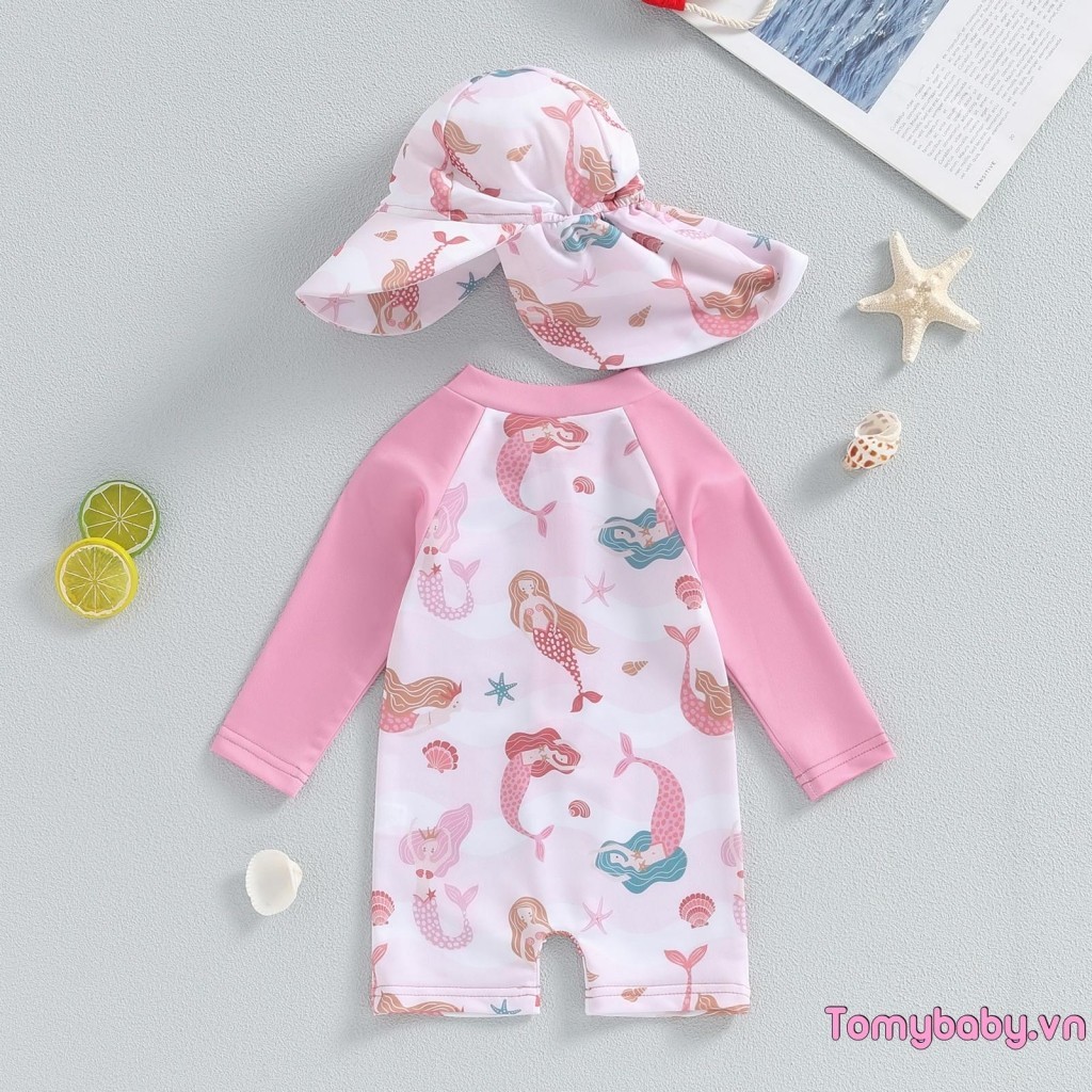 Bộ đồ tắm cho bé gái Bộ đồ bơi dài tay in vỏ biển + Mũ chống nắng vành rộng