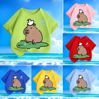 2024 Capybara Hoạt Hình Đáng Yêu Động Vật Trẻ Em Mùa Hè Áo Thun Cổ Tròn Tay Ngắn