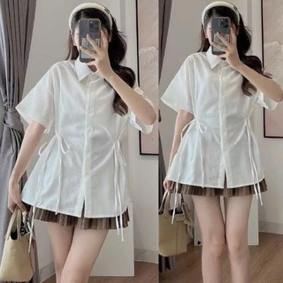 Áo sơ mi đũi buộc nơ eo cổ bẻ cúc cài nữ tiểu thư xinh xắn hàng loại 1