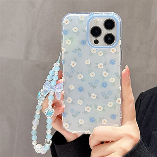 Họa tiết hoa màu xanh + vòng tay cho iphone17 16promax 15promax 14 / 13 / 15 / 16 17pro iphone13 vỏ TPU iphone mới chống bụi
