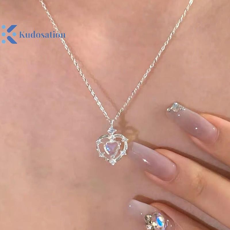 Kudosation Moonstone Neon Vòng Cổ Trái Tim Rỗng Nữ Nhẹ Sang Trọng Thiết Kế Cao Cấp Cảm Giác Tính Khí Vòng Cổ Đơn Giản Trang Sức Dự Tiệc Quà Tặng
