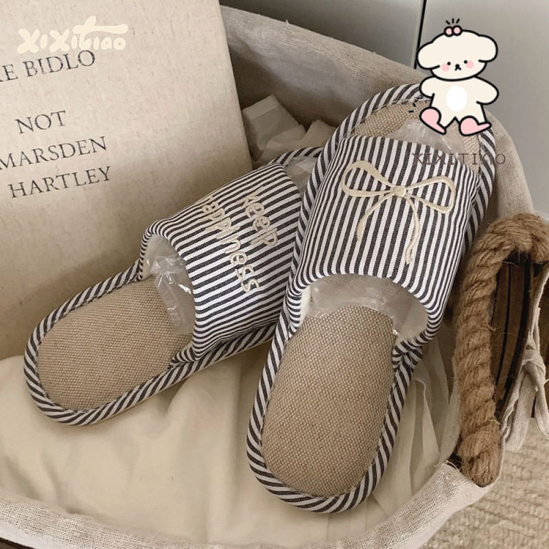 Xixitiao Retro Nơ Vải Lanh Dép Phong Cách Nhật Bản Màu Sắc Tương Phản Phòng Ngủ Nữ Hộ Gia Đình Bốn Mùa Đa Năng Thoải Mái Hút Mồ Hôi Sàn Giày