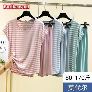 Phụ Nữ Sọc Bộ Rời Mỏng Kích Thước Lớn Thủy Thủ Đoàn Cổ Bộ Đồ Ngủ Mùa Hè Áo Thun Không Tay Quần Bộ