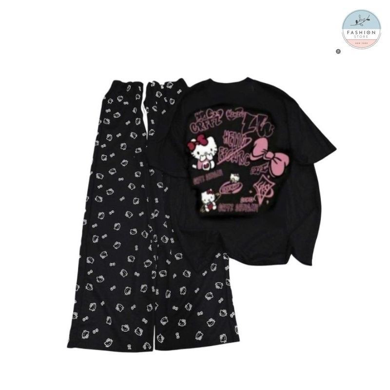 Sét bộ quần ống rộng hình Đầu Mèo + Mix Áo Phông mèo cute Đen  form rộng tay lỡ-QUẦN ÁO 94